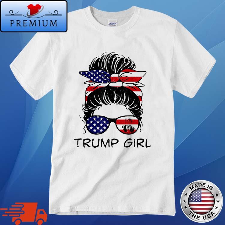 Cute Vintage Trump Girl Messy Bun Republican American Flag T-Shirt