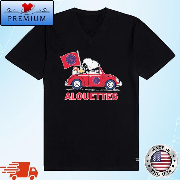 Official The Peanuts Snoopy And Woodstock Driving Car Montreal Alouettes Logo  Shirt,Sweater, Hoodie, And Long Sleeved, Ladies, Tank Top
