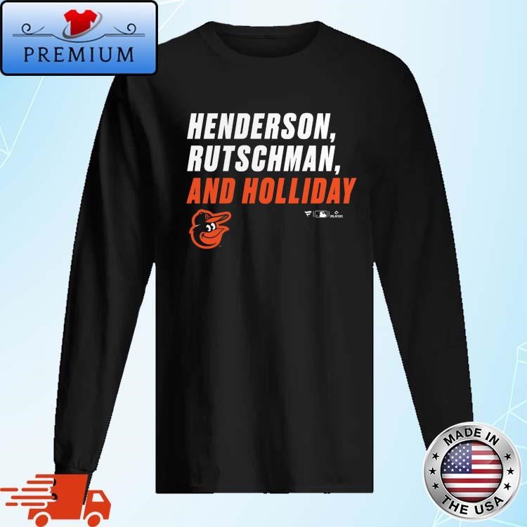 Official Baltimore Orioles Adley Rutschman, Gunnar Henderson, & Jackson Holliday Stacked Names Long Sleeve