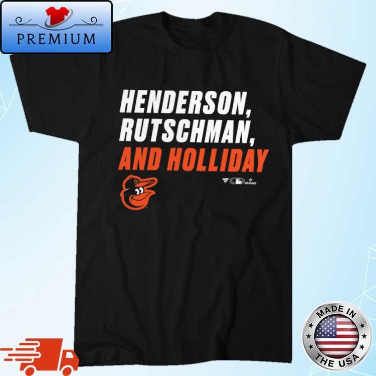 Official Baltimore Orioles Adley Rutschman, Gunnar Henderson, & Jackson Holliday Stacked Names Shirt