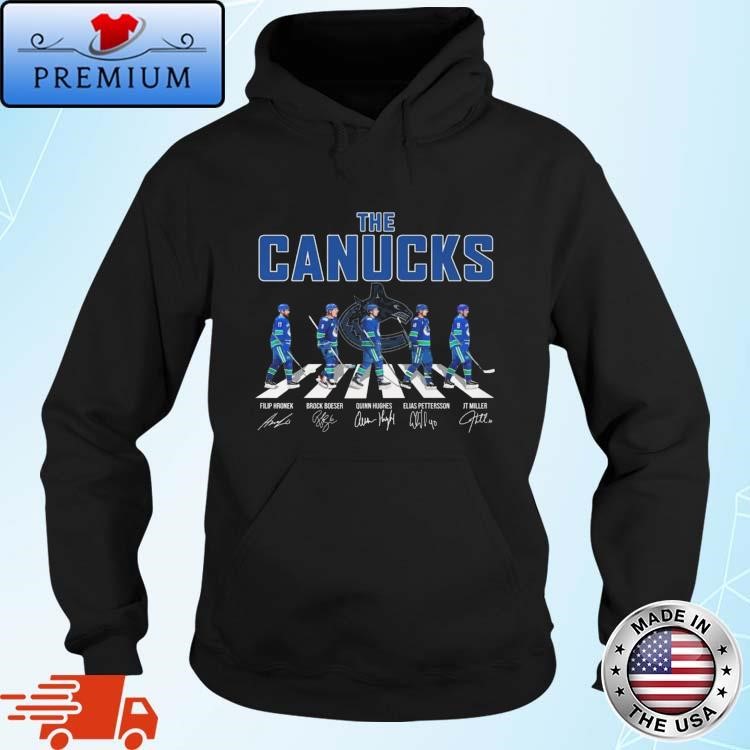 Official Vancouver Canucks Abbey Road Hockey Legends Hronek Boeser Hughes Petterson Miller Signatures Hoodie