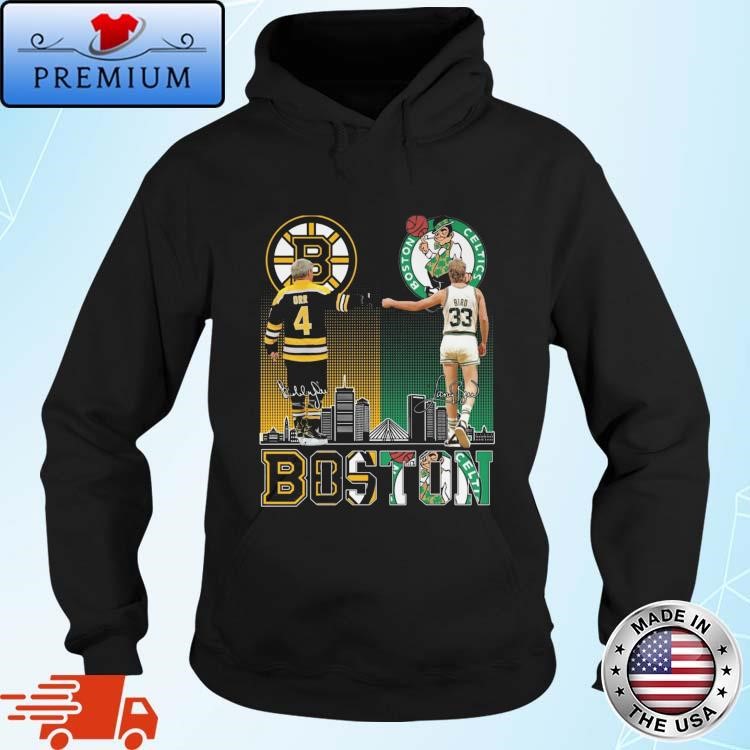 Original Boston Sports Skyline Bobby Orr And Larry Bird Signatures Hoodie