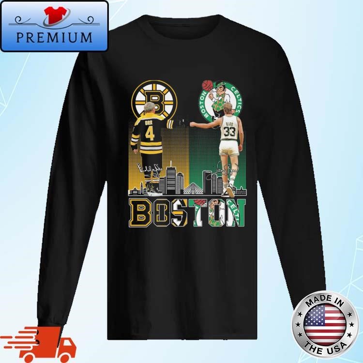 Original Boston Sports Skyline Bobby Orr And Larry Bird Signatures Long Sleeve