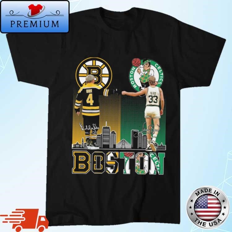 Original Boston Sports Skyline Bobby Orr And Larry Bird Signatures T-shirt